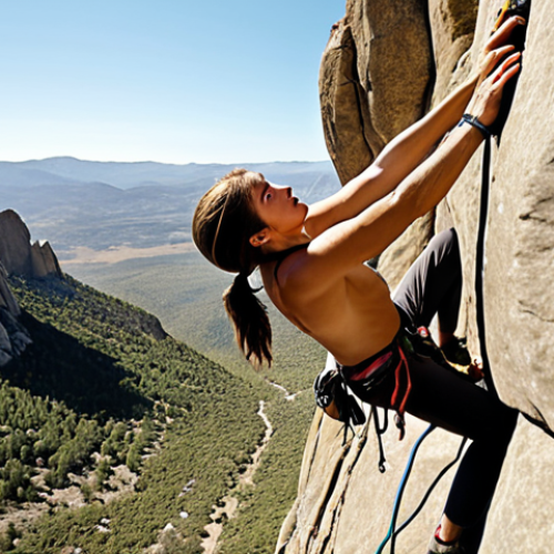 Home 23 **
A person rock climbing outdoors on a sunny day, showcasing the thrill and challenge of climbing, with focus on technique and natural rock formations.
**