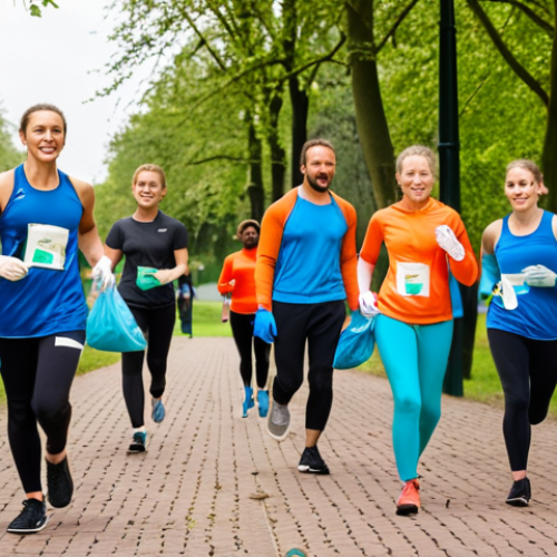 Home 22 **
A diverse group of athletes participating in a "plogging" event in a Dutch park. Some are jogging, others are picking up litter with reusable gloves and bags. In the background, there are clearly marked recycling bins and signage promoting sustainable practices. The overall tone is positive, energetic, and community-focused. Emphasis on the Dutch setting with local plant life. Bright, sunny day.
**