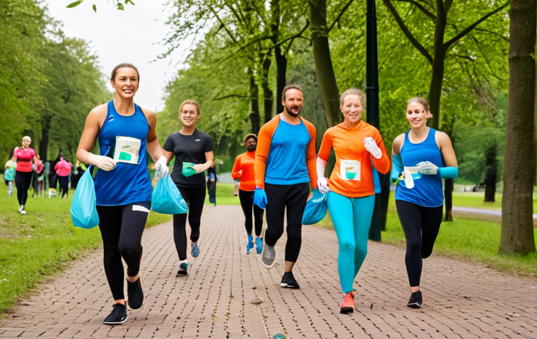 **
A diverse group of athletes participating in a "plogging" event in a Dutch park. Some are jogging, others are picking up litter with reusable gloves and bags. In the background, there are clearly marked recycling bins and signage promoting sustainable practices. The overall tone is positive, energetic, and community-focused. Emphasis on the Dutch setting with local plant life. Bright, sunny day.
**