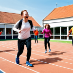 **Prompt:** A group of diverse people enthusiastically participating in a recreational sports class at a neighborhood community center in the Netherlands. Focus on the joy of movement and trying new activities. Natural lighting, vibrant colors, and a sense of community. Dutch architecture visible in the background.