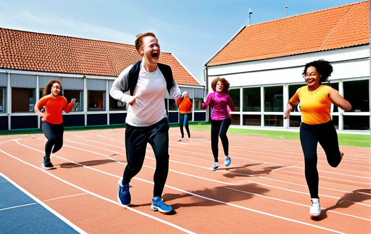 **Prompt:** A group of diverse people enthusiastically participating in a recreational sports class at a neighborhood community center in the Netherlands. Focus on the joy of movement and trying new activities. Natural lighting, vibrant colors, and a sense of community. Dutch architecture visible in the background.