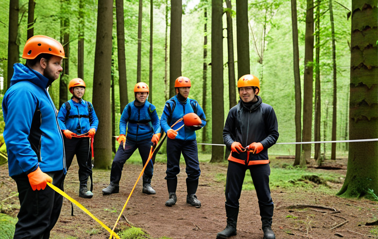 **
A group of people participating in an outdoor activity led by a recreational sports leader. Focus on safety procedures like proper gear, risk assessment (e.g., checking the terrain). Emphasize elements like helmets, ropes, and attentive instruction. The setting should be natural, like a forest or climbing area in the Netherlands.
**